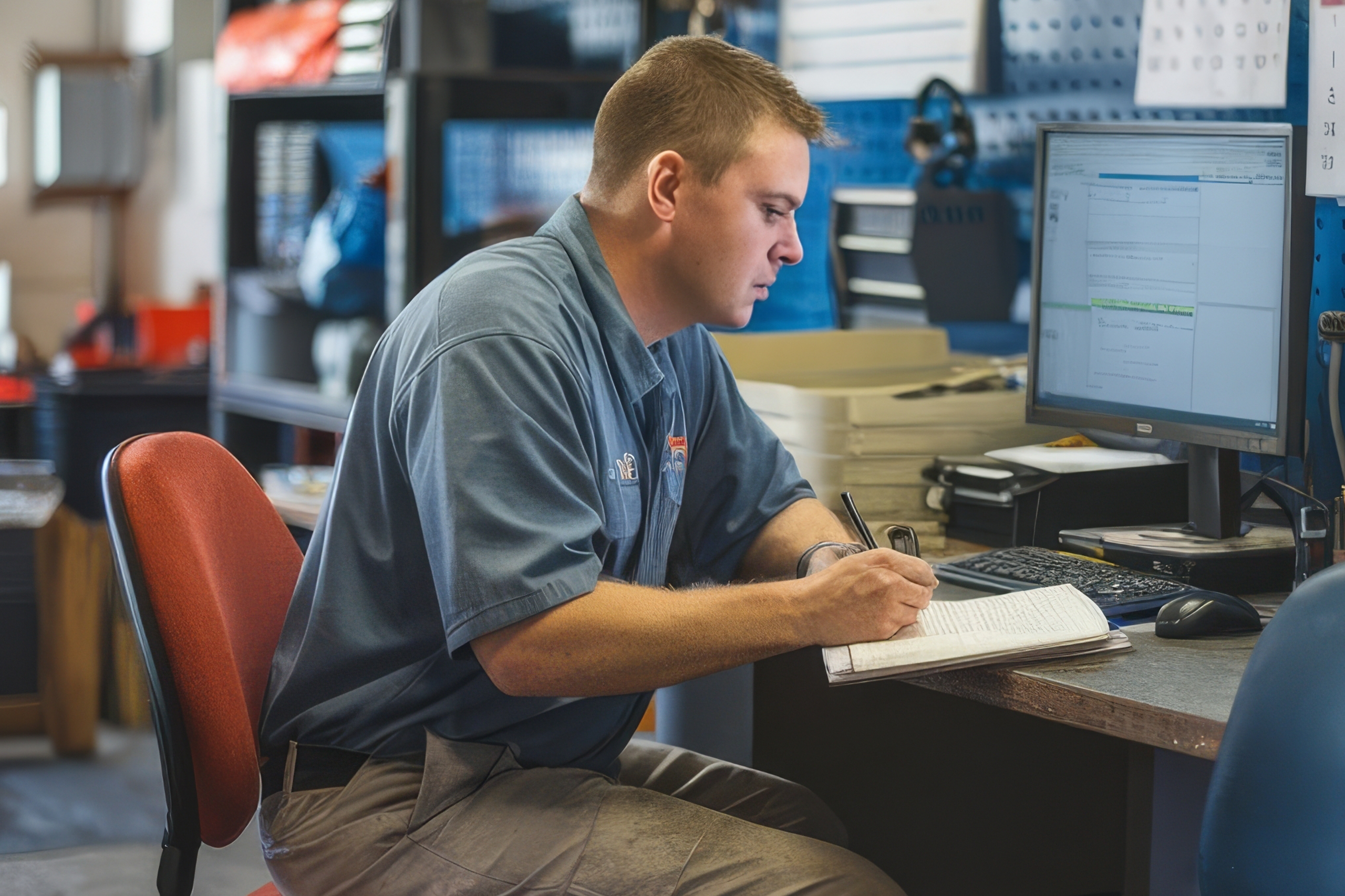 Technician in a home service office reviewing payroll or scheduling information on a computer while taking notes at a desk.