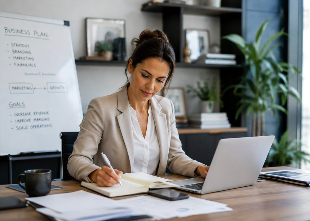 Woman in a blazer takes notes at a desk with a laptop, beside a whiteboard that lists strategy, branding, marketing, and financials, and goals to increase revenue, improve margins, and scale operations.